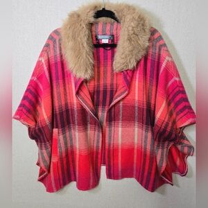 Accessory St Pink and Red Plaid Poncho Cape Scarf with Faux Fur Collar